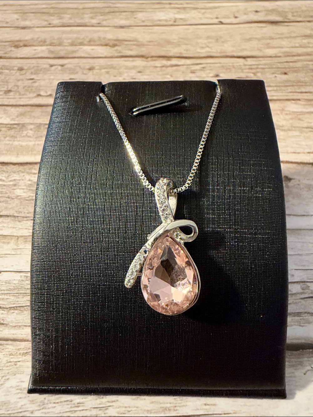 Silver Teardrop Pink Crystal Pendant Necklace